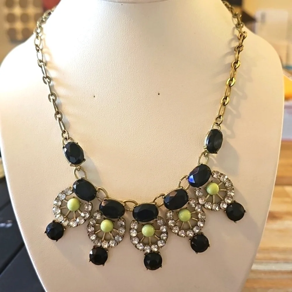 J CREW Crystal Navy Blue Green Stone Antique Gold Rhinestone Statement Necklace